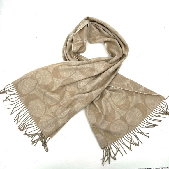 COACH Beige Tan Neutral Signature Monogram Fringe Wool Blend Super Soft Scarf - Picture 1 of 2